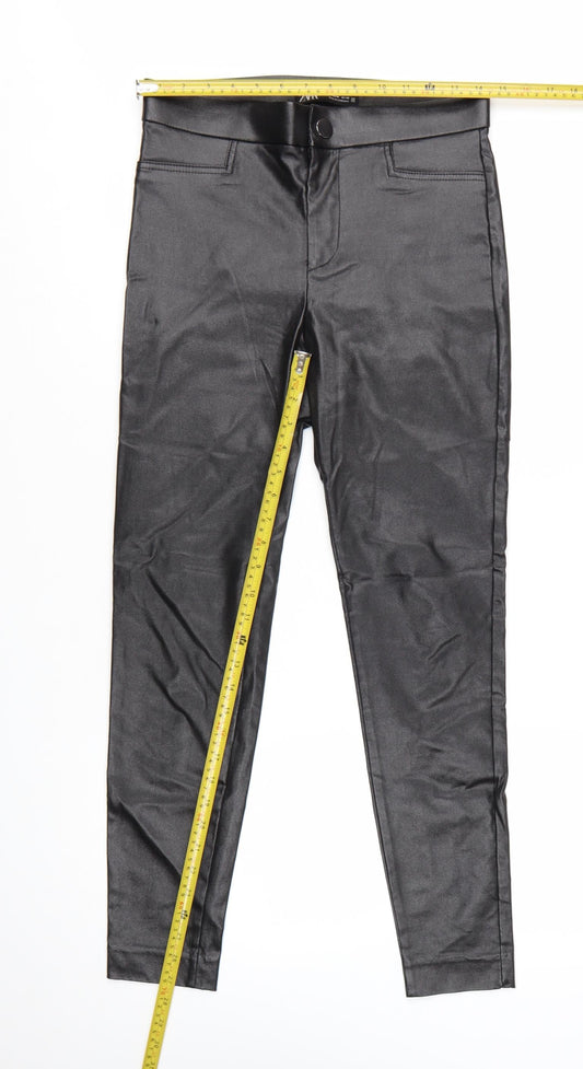 Zara Women Black Coated Skinny Leggings M Stretch Stylish Trousers
