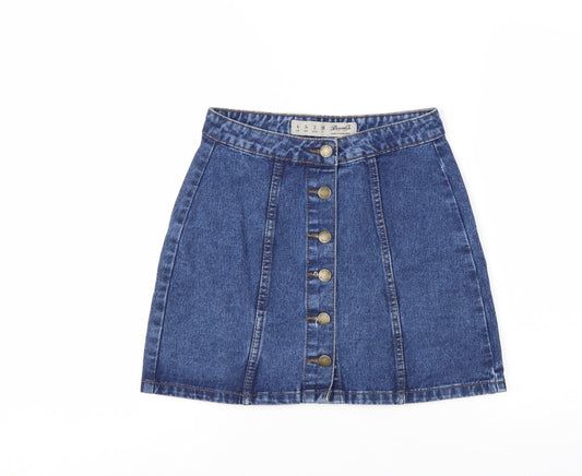 Additional front view of Denim Co. Women Blue Denim Short A-Line Button Skirt, size 6