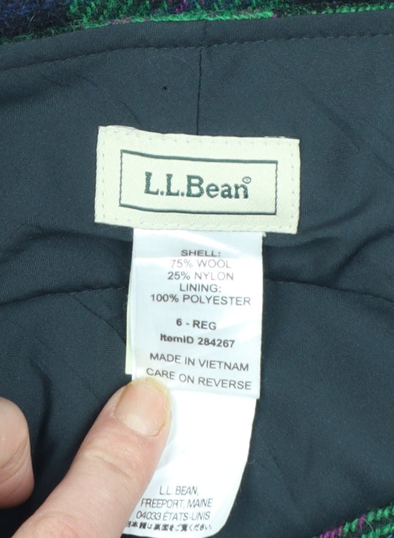 Brand and care label for L.L.Bean Women Green Check Wool Knee Length Pencil Skirt, size 10