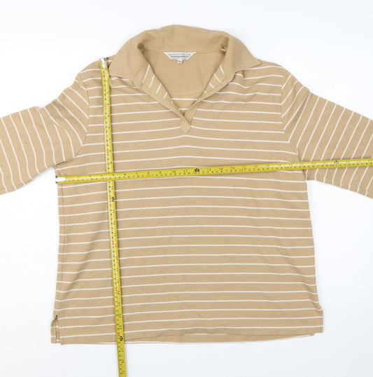 Carolyn Taylor Women Beige Striped Collared Long Sleeve Cotton Blend Top M