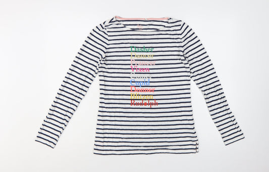 Boden Women's White Navy Striped Long Sleeve Christmas T-Shirt UK 10