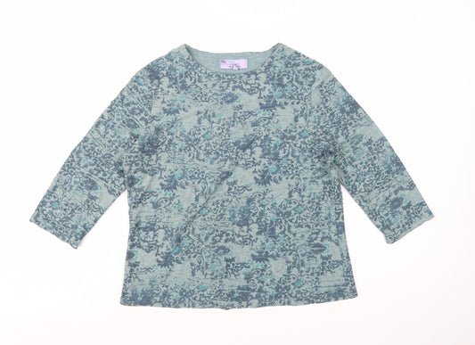 Additional front view of Honor Millburn women’s blue floral 3/4 sleeve cotton blend t-shirt, size UK 12