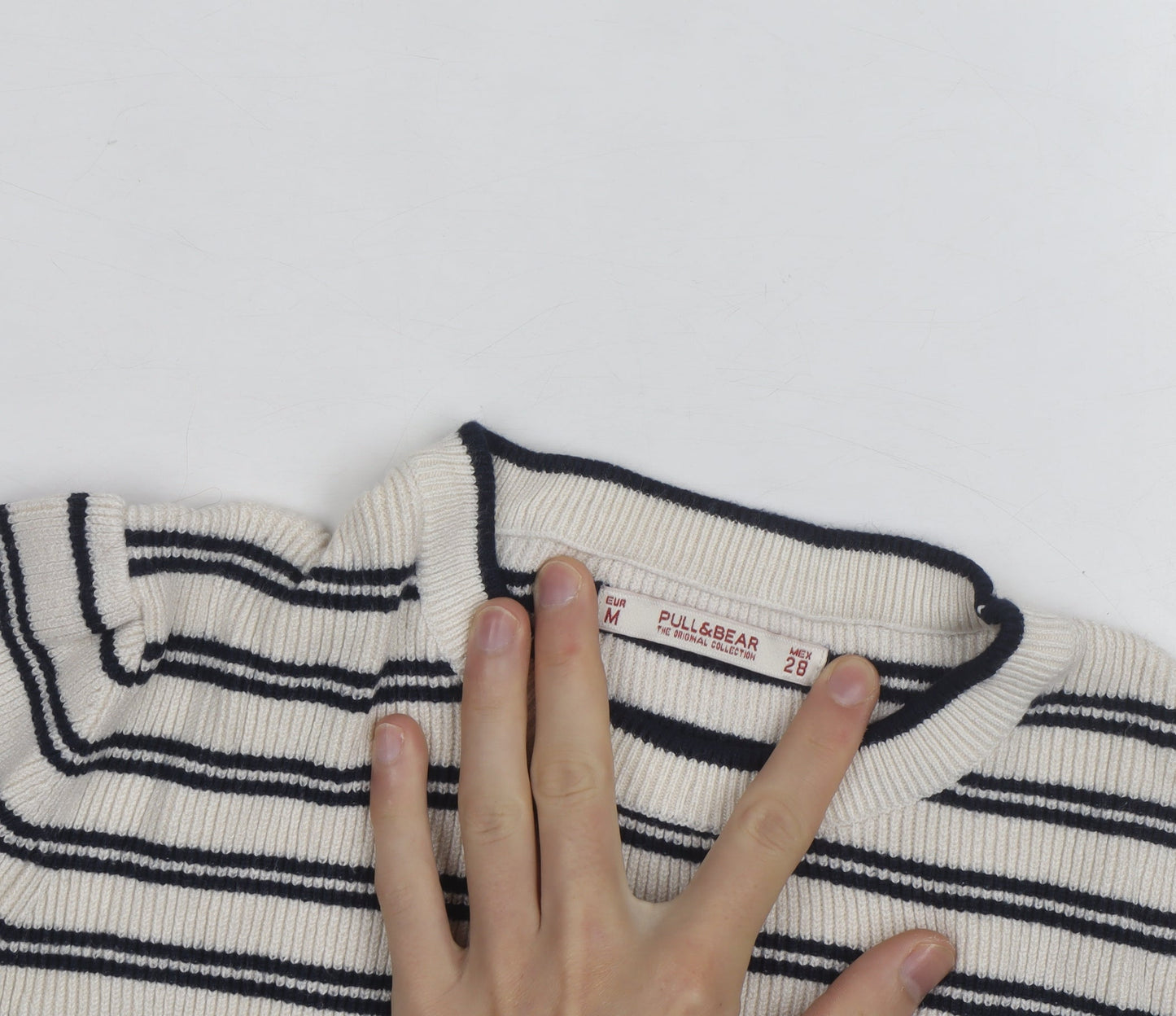 Pull & Bear Womens Ivory Black Striped Crew Neck Knit Jumper Size M