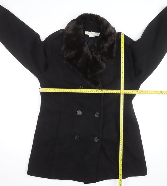 Larry Levine Women's Black Wool Blend Pea Coat Size 8 Fur Trim