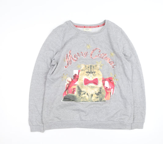 Additional front view of Papaya unisex grey christmas cat graphic sweatshirt, size 14
