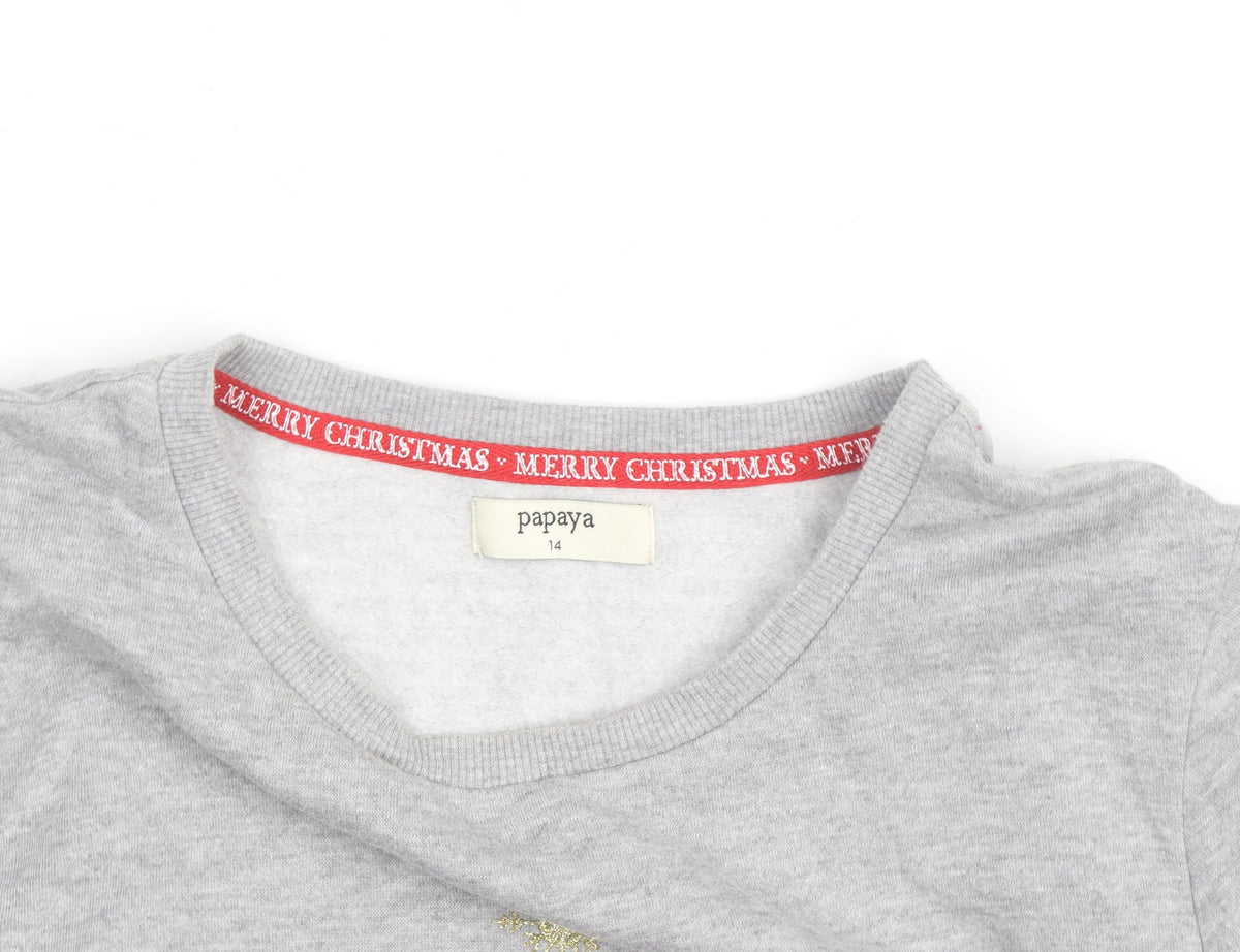 Additional view of Papaya unisex grey christmas cat graphic sweatshirt, size 14