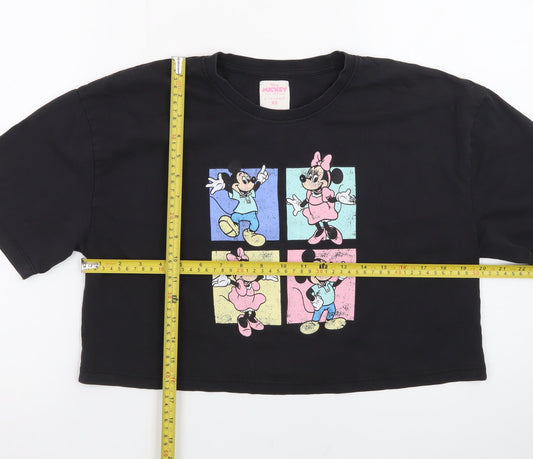 Primark Women Black Cropped Mickey & Minnie Cotton T-Shirt XS