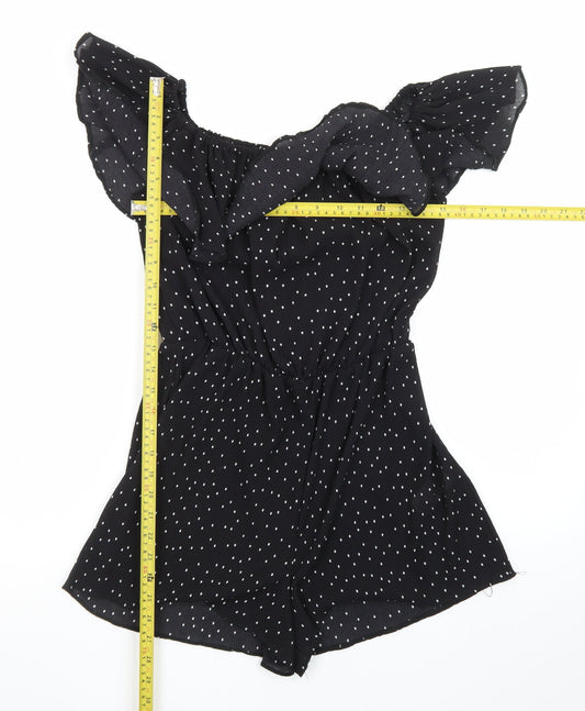 Topshop Women’s Black Polka Dot Off Shoulder Ruffle Playsuit Size 10