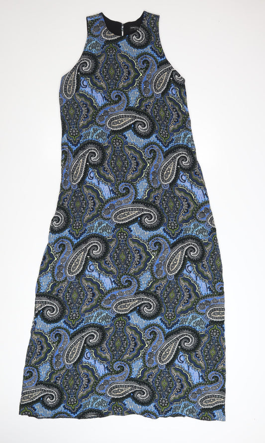 Additional front view of Dorothy Perkins women’s blue paisley shift dress, size UK 12, sleeveless