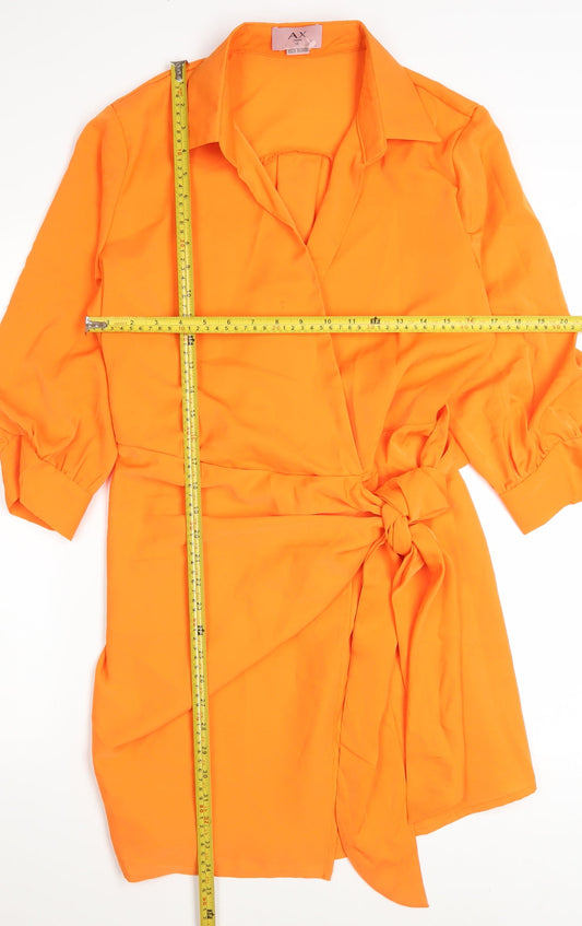 AX Paris Women's Orange Wrap Dress Size 12 3/4 Sleeve Collared Belted
