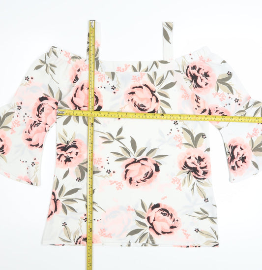 Quiz Women's White Floral Off Shoulder Bell Sleeve Blouse Size 10