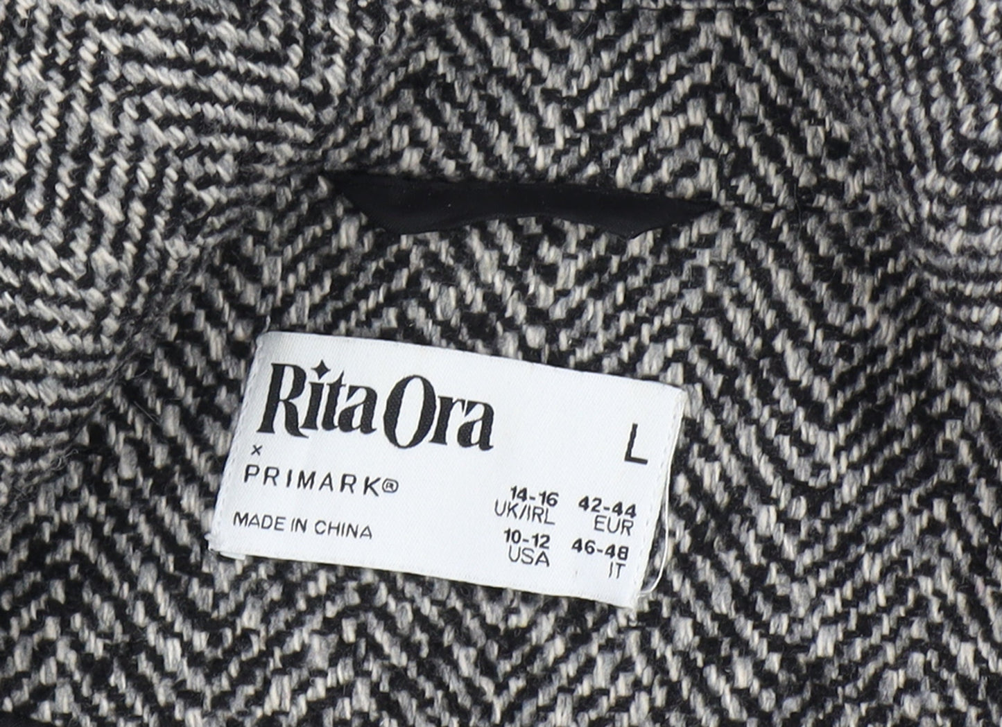 Primark Rita Ora Women Grey Herringbone Long Tweed Overcoat Size L 14-16