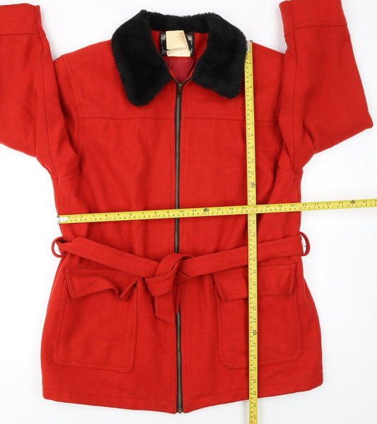 North Legend Women's Red Wool Coat with Faux Fur Collar Belted M