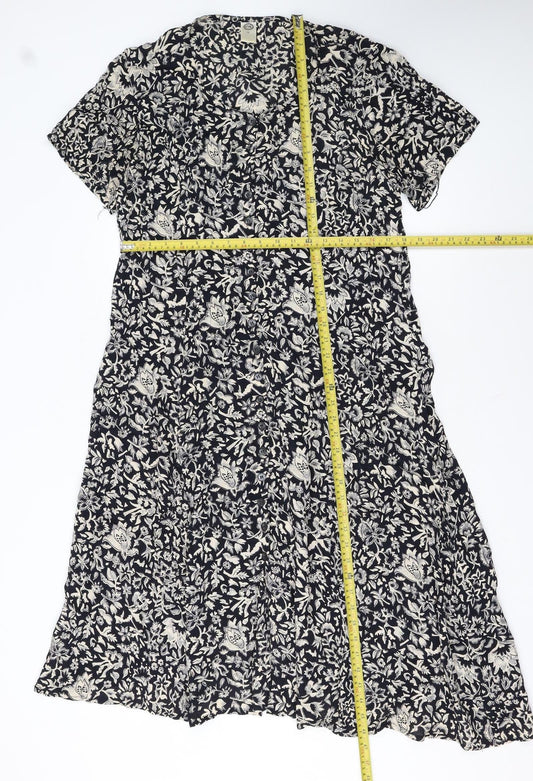 C&A Women’s Black Floral Midi A-Line Dress Size 16 Short Sleeve