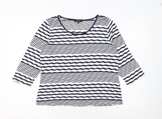 Additional front view of Soon Women Blue White Striped 3/4 Sleeve Jersey T-Shirt, size 14
