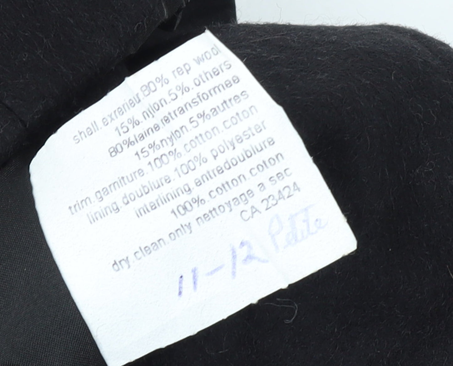 Gallery Women’s Black Wool Long Overcoat Petite Size 11-12