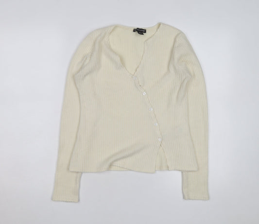 PRETTYLITTLETHING Women Ivory Ribbed V-Neck Button Cardigan M