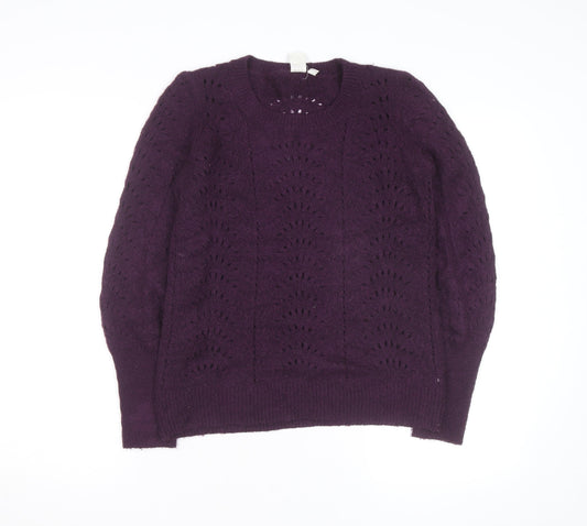 GAP Womens Purple Wool Blend Open Knit Crew Neck Jumper XS