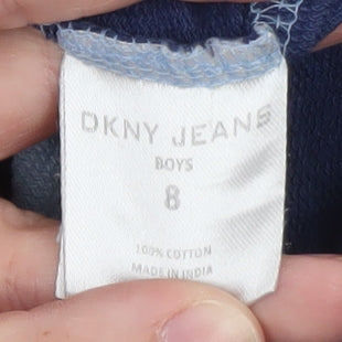 Brand and care label for DKNY boys’ blue tie-dye pullover hoodie 8 years 100% cotton casual