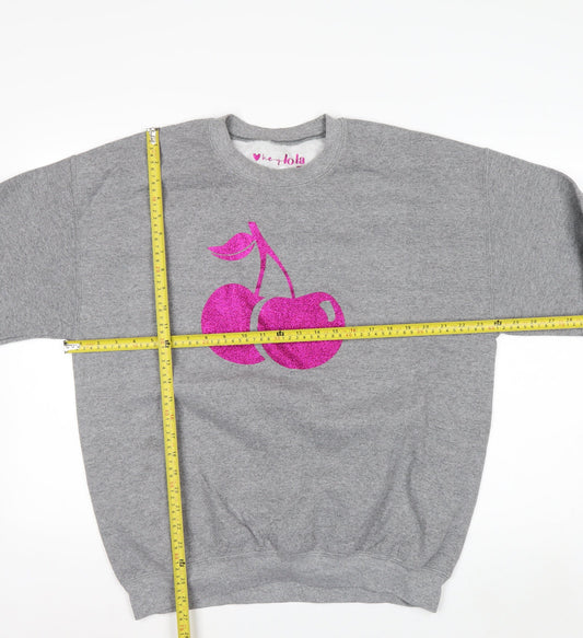 Hey Lola Womens Grey Cherry Graphic Pullover Sweatshirt L