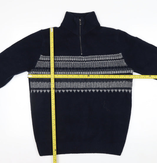 Marks and Spencer Men's Blue Geometric 1/2 Zip Wool Blend Jumper M