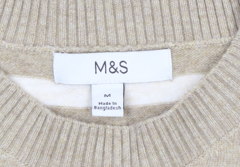 Marks and Spencer Men's Beige Striped Crew Neck Jumper Size M