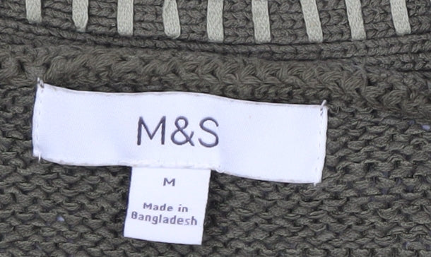 Marks and Spencer Women Khaki Green Medium Cotton Blend V-Neck Cardigan