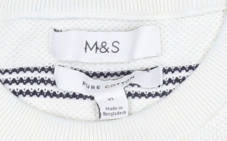 Marks and Spencer Men's White Striped Cotton Crew Neck Jumper XL