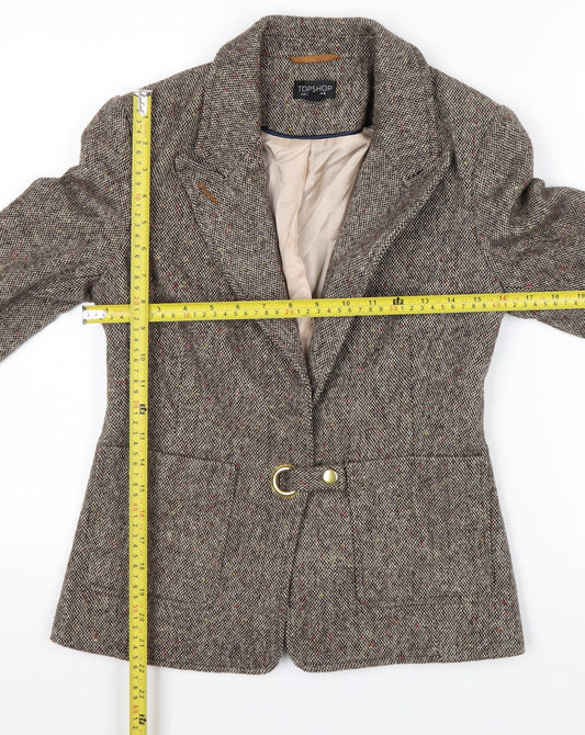 Topshop Women Brown Tweed Wool Blend Blazer UK 8 Classic Single-Breasted Jacket