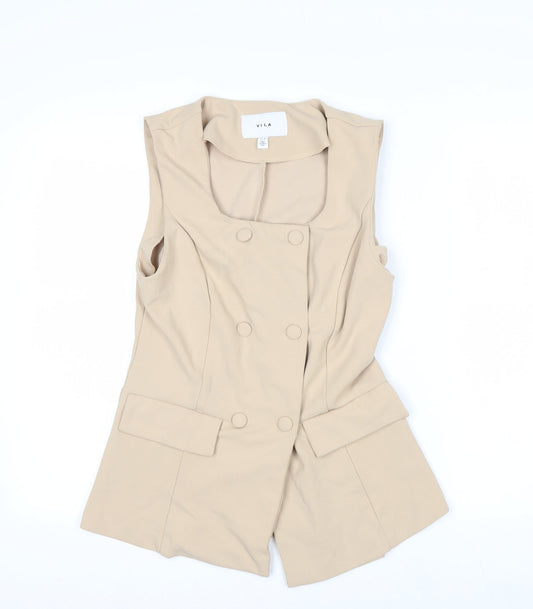 VILA Women Beige Sleeveless Double-Breasted Waistcoat Size 12