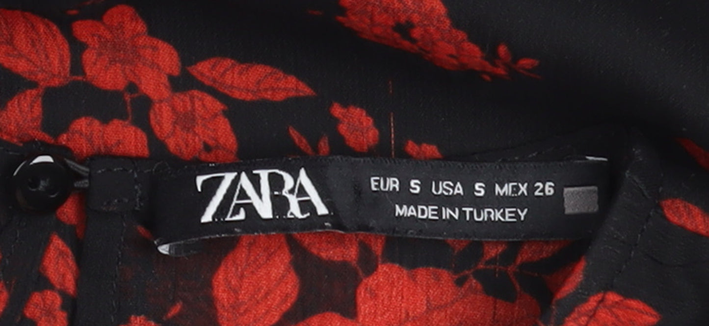 Zara Women Black Red Floral Tunic Blouse Size S Puff Sleeve