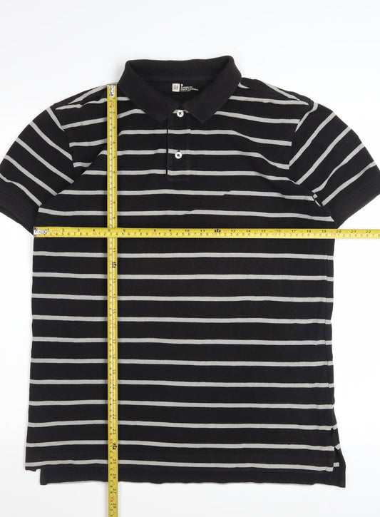 GAP Men's Black Striped Classic Fit Short Sleeve Cotton Polo M