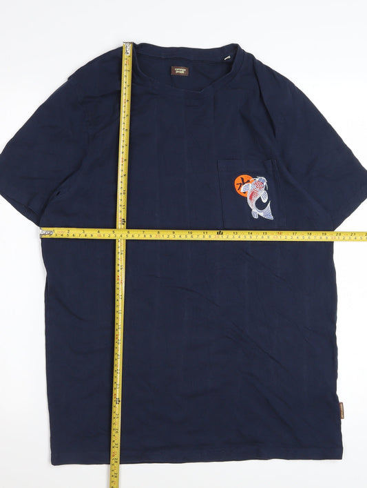 Common People Men's Blue Embroidered Fish Pocket Cotton T-Shirt M