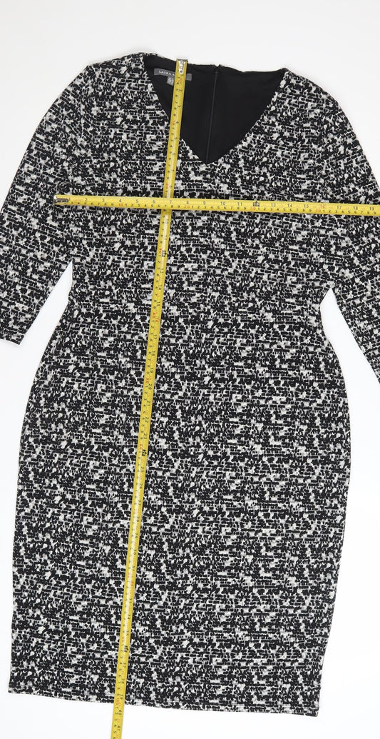 Laura Ashley Women's Black Geometric V-Neck Sheath Dress UK14