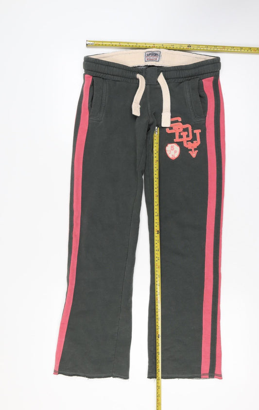 Superdry Womens Black Track Pants Size 14 Side Stripe Casual Fleece Joggers