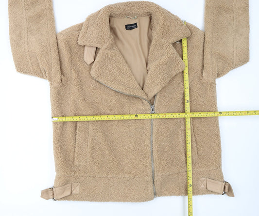 Topshop Women’s Beige Fleece Biker Jacket Size M Zip Lined Autumn Winter