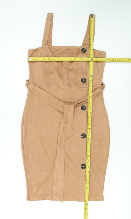 AX Paris Women Beige Size 10 Sleeveless Belted Suede Pinafore Dress