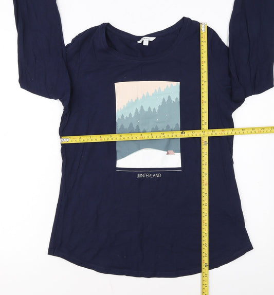 Reitmans Women’s Blue Long Sleeve Cotton Winter Print T-Shirt Size S