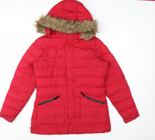 TOG24 Womens Red Faux Fur Hooded Puffer Coat Size 12