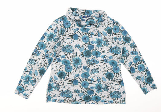 Cotton Traders Women Blue Floral Roll Neck Long Sleeve Top Size 14