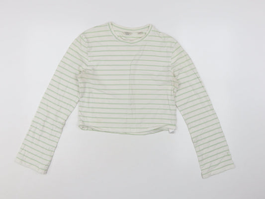 Jack Wills Womens White Green Striped Cropped Long Sleeve T-Shirt UK 14