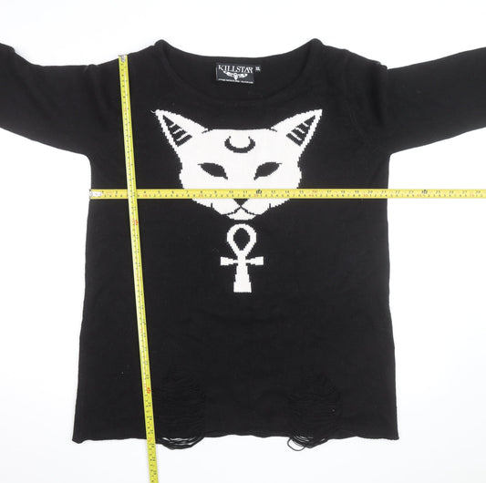 Killstar Mens Black 2XL Gothic Cat Graphic Distressed Knit Jumper