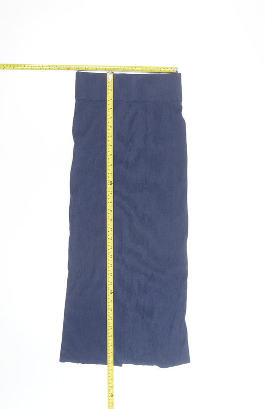 Zara Women Blue Ribbed Midi Pencil Skirt L Knit Stretch Viscose Blend