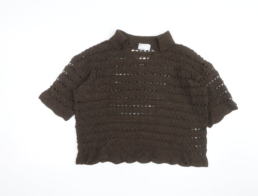 Additional front view of ASOS Women’s Brown Open-Knit Collared Short Sleeve Jumper, size M