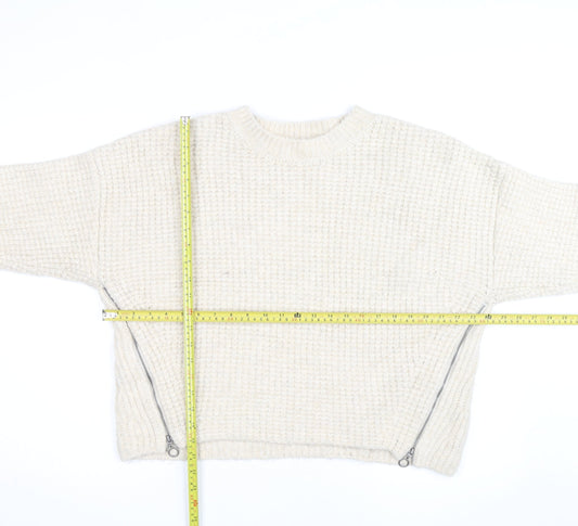 Topshop Women Ivory Waffle-Knit Zip Pullover Jumper Size L