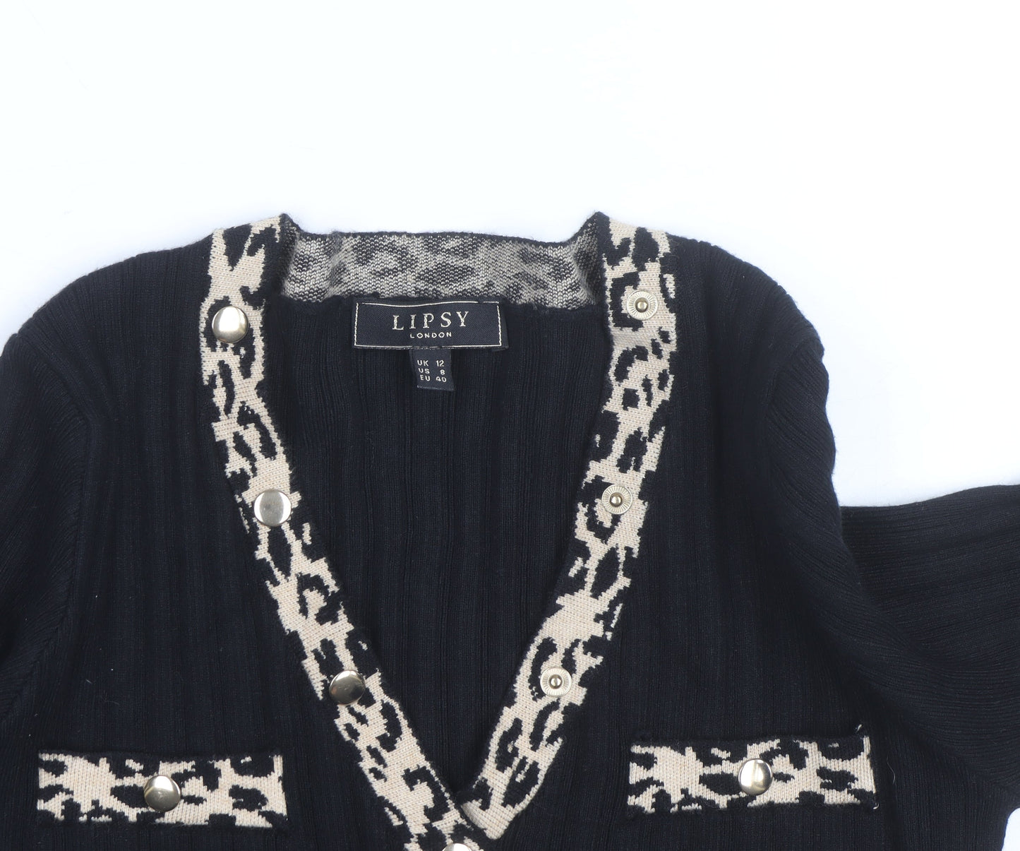 Lipsy Women Black Leopard Trim V-Neck Rib Knit Jumper Size 12