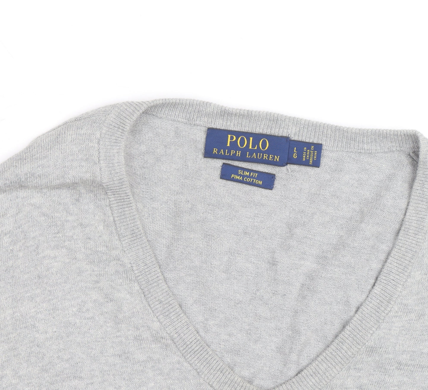 Ralph Lauren Men's Grey Slim Fit V-Neck Cotton Jumper - L