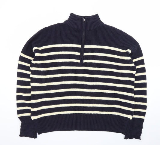Additional front view of Nobody's Child Women's Blue Striped Cotton 1/2 Zip Jumper XL