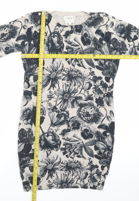 Next Women Beige Floral Knit Jumper Dress Size 8 3/4 Sleeve