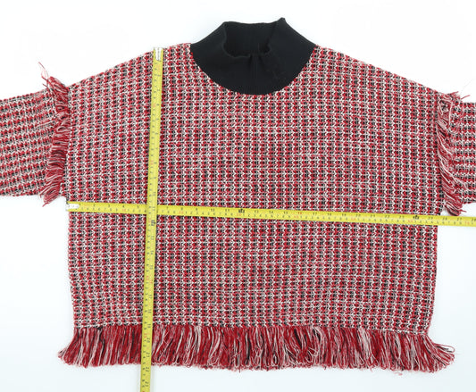 Zara Women Red High Neck Chunky Knit Wool Blend Pullover Jumper Size 12